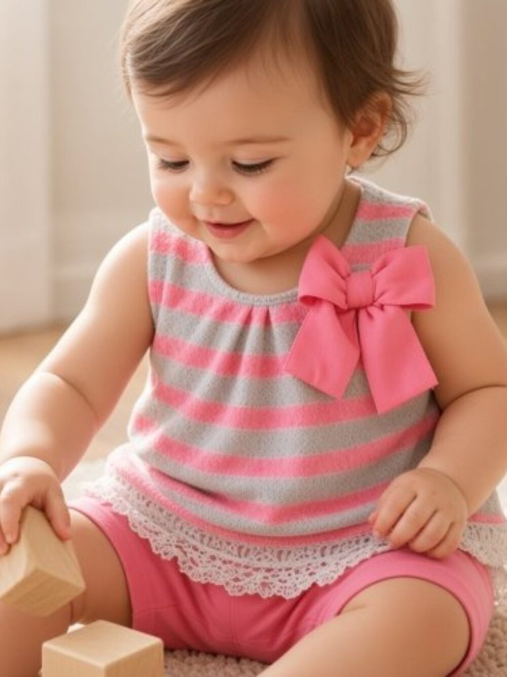IRIS & IVY Pink Lace Trim Sparkly Bike Short Set Girls Size 12 months